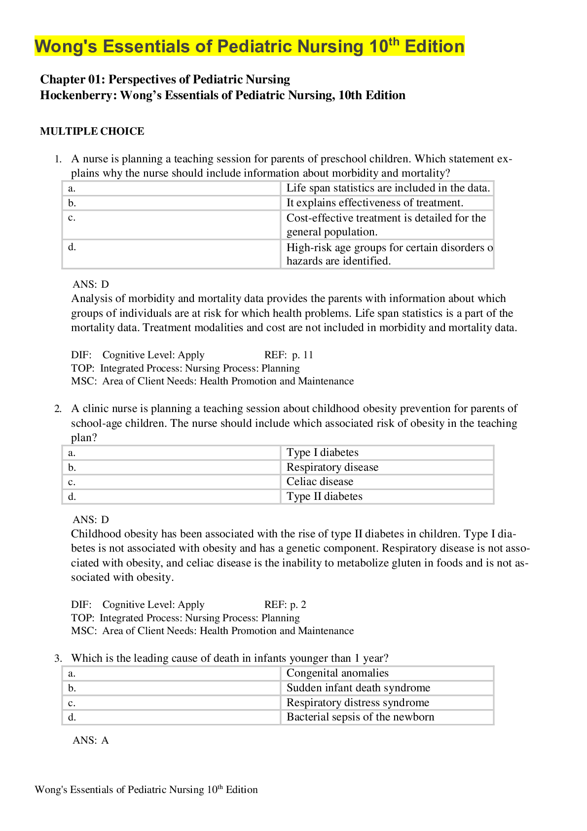 Preview image for Test bank (complete, all chapters) Wong’s Essentials of Pediatric Nursing